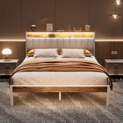 Image de DEWINNER Cadre de lit, 160 x 200 avec Sommier en métal, lit 2 Personnes, avec lumières LED et Prises Multiples (1 Prise AC, 2 Ports USB)