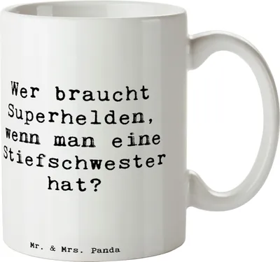 Produktbild von Mr. & Mrs. Panda Kaffeebecher Spruch Stiefschwester Heldin - Weiß - Geschenk, Becher, Geschwisterliebe, Familie, Familienunterstützung, design tasse, Weihnachten, Lächeln