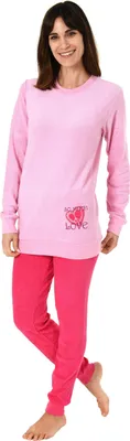 Produktbild von Damen Frottee Pyjama langarm Schlafanzug mit Bündchen und Herz Motiv - 61695 ; rosa , 44/46
