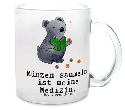 Produktbild von Mr. & Mrs. Panda Teetasse Koala Münzen sammeln - Transparent - Geschenk, Teeglas, Tee Tasse, aus Aller Welt, Haferl, Pott, Trinkglas, Numismatik