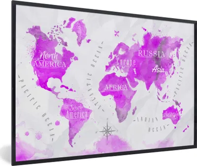 Produktbild von MuchoWow® MuchoWow® Gerahmtes Poster Weltkarte - Rosa - Ölfarbe 60x40 cm - Poster mit zchwarzem Bilderrahmen - Printing - Wanddeko Schlafzimmer