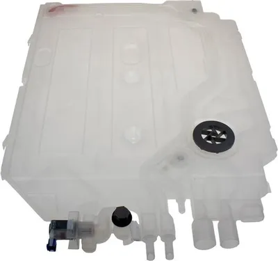 A clear, well-lit studio shot of a transparent plastic water tank for a dishwasher.
