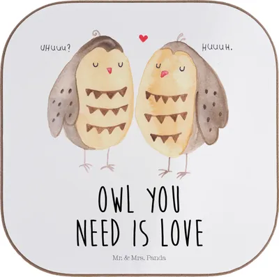Produktbild von Mr. & Mrs. Panda Untersetzer für Gläser Eulen Liebe - Weiß - Geschenk, Tischuntersetzer, Coaster, Eule, Tasse, Hochzeit Spruch, bieruntersetzer, glücklich, Liebesspruch