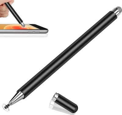 A stylus pen is shown in use on a tablet, with a separate cap shown nearby.