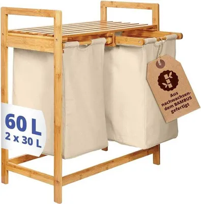 Produktbild von Lumaland Wäschekorb aus Bambus mit 2 ausziehbaren Wäschesäcken - Größe ca. 73 cm Höhe x 64 cm Breite x 33 cm Tiefe - Farbe Beige