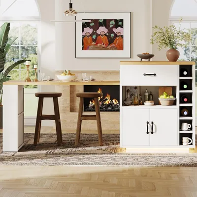 Obrázek produktu pro Bílý kuchyňský ostrůvek o rozměrech 193,5 × 70 × 95,5 cm s výsuvnou deskou, 2 zásuvkami a 4 dvířky; kuchyňská skříň, komoda, barový stolek a pevný servírovací vozík