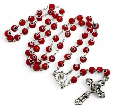 Produktbild von Art Sacrum Glasrosenkranz rot mit schwarz-weißen Augen, 55 cm