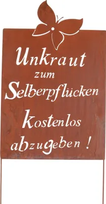 Produktbild von UNUS® Gartenschild "Unkraut zum Selberpflücken" Edelrost Spruch 133cm Dekoration