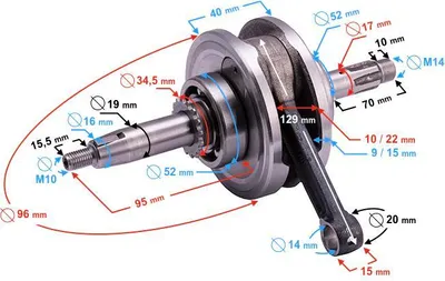 Produktbild von Kurbelwelle komplett für 130 cm³ Moped, Gesamtlänge 205 mm, Pleuelstange 129 mm, Lager 52 mm (6304)