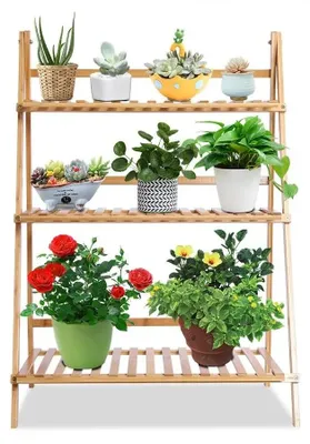 Produktbild von Blumenregal in Treppenform - 3 Ebenen - Bambus - Zusammenklappbar - 70 × 40 × 96 cm - Naturholzoptik