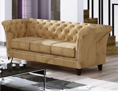 Produktbild von S-STYLE MÖBEL -Zephyr - Chesterfield Sofa 3-Sitzer aus Beige Samt mit Holzfüßen, B/T/H: 237 cm/ 82 cm/ 75 cm