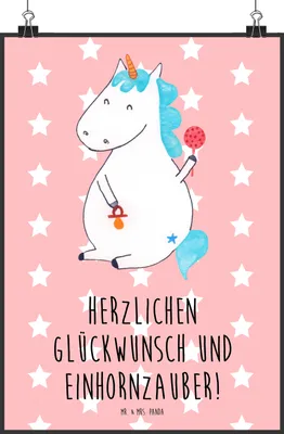 Produktbild von Mr. & Mrs. Panda Bild Einhorn Baby DIN A2 - Rot Pastell - Geschenk, Wandbild, Einhörner, Plakat, Geburtstag, Schnuller, Kunstdruck, drucke, Unicorn, Party, Mutter