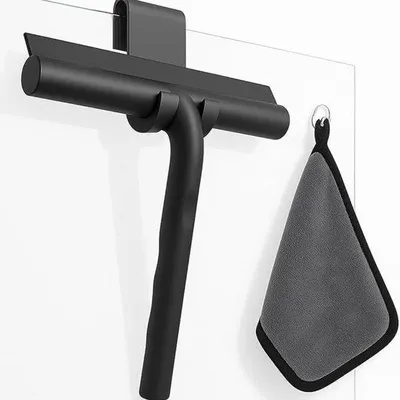 Produktbild von Famanu Duschabzieher mit Aufhängung und Mikrofasertuch - Schwarz, 21 cm