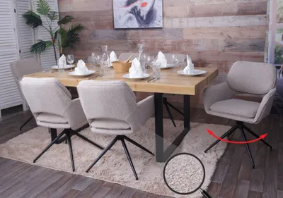 Produktbild von 6er-Set Esszimmerstuhl HWC-N74, Küchenstuhl, drehbar Auto-Return, Stoff Bouclé (540g/m²)   beige