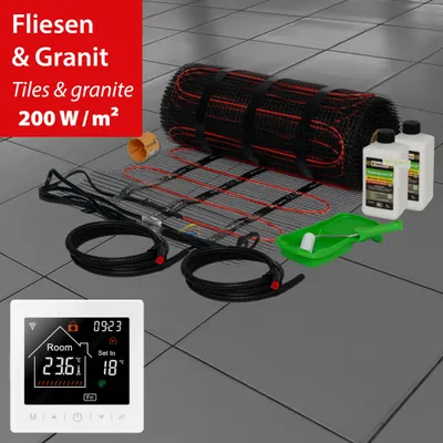 Produktbild von Elektrische Fußbodenheizung Dünnbettheizmatte 200Watt Komplett Set Thermostat Fliesen 15,0m²