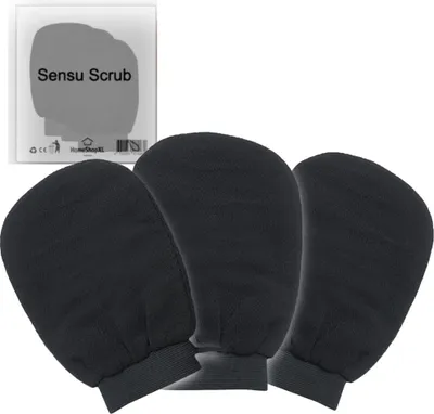 Produktbild von Sensu Scrub Handschuhe - 3 Stück - Schwarz - Peelinghandschuh Kessa Hammam Waschlappen - Bekannt aus TikTok