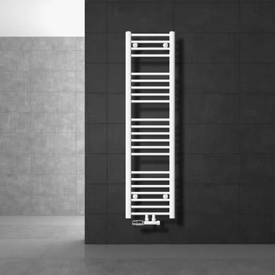 Produktbild von LuxeBath Badheizkörper Mittelanschluss 300 x 1400 mm Weiß gerade mit Thermostat und Anschlussgarnitur Eck Wand Weiß - Heizkörper, ohne Heizstab