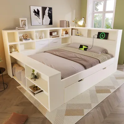 Produktbild von Stauraumbett mit USB- und Typ-C-Anschlüssen, ausziehbarem Gästebett & 8 Fächern für platzsparendes Wohnen - Ohne Matratze, Weiß, 140x200cm