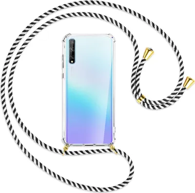 Produktbild von Handykette Backcover-Schutzhülle mit Band (Metall goldfarben) für Huawei P Smart S // Enjoy 10s / Y8p - schwarz/weiß gestreift