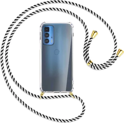 Produktbild von Handykette Backcover-Schutzhülle mit Band (Metall goldfarben) für Motorola Edge 20 Pro - schwarz/weiß gestreift
