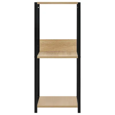 A simple, front-facing studio shot of a small, three-shelf bookshelf with black metal frames and light wood-colored shelves.