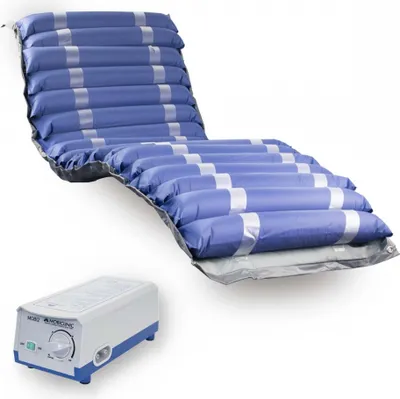 A blue air mattress and a white air pump are shown against a white background.