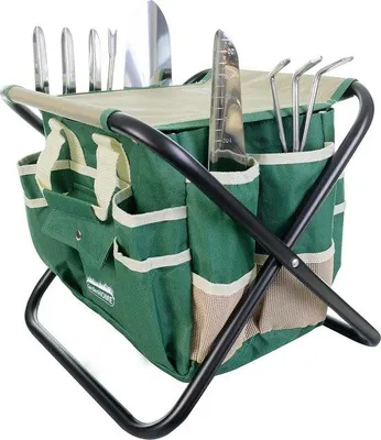 Produktbild von Famanu Garten-Set mit Faltbarem Hocker und Werkzeug-Organizer - 7-teilig