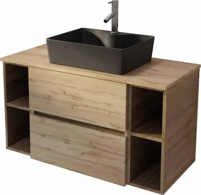Image de Meuble de salle de bains 100cm TIMBERReproduction Chêne 2 Tiroirs - Vasque Rectangulaire Noire