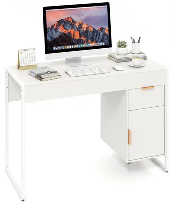 Zdjęcie produktu dla Biurko COSTWAY z szufladami i szafką, biurko komputerowe z grubym blatem, biurko do pracy, biurko biurowe, biurko do nauki, wymiary: 109x47x75 cm