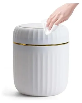 Obrázek produktu pro Stolní odpadkový koš s víkem, mini koš o objemu 2 l s výklopným víkem, plastový stolní odpadkový koš, malý odpadkový koš na stůl, do kuchyně, kanceláře, ložnice, bílý (13×13×16 cm)