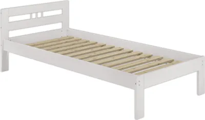 A white wooden single bed frame with a slatted base, shown from a side angle against a white background.