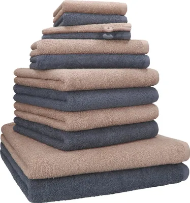 Produktbild von Betz 12-tlg. Handtuch-Set BERLIN 2 Liegetücher 4 Handtücher 2 Gästetücher 2 Seiftücher 2 Waschhandschuhe 100% Baumwolle Farbe: cappuccino / dunkelgrau