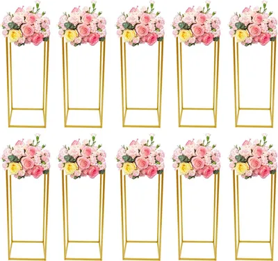 Image de Support pour fleurs, lot de 10 – Colonnes en métal pour vases – Supports géométriques rectangulaires pour centre de table, 60 cm – Décoration de table pour mariage, fête – Or