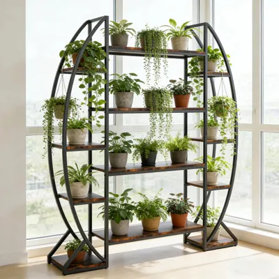 Image de Étagère à plantes XXL en demi-lune - Étagère à fleurs - Métal - Étagère à plusieurs niveaux en forme d'échelle - Pour le jardin, le balcon et la terrasse - Avec éclairage LED