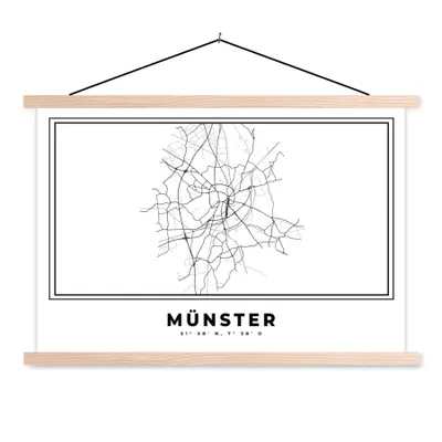 Produktbild von MuchoWow® Textilposter Deutschland - Münster - Stadtplan - Karte - Schwarz-weiß - Karte 60x40 cm mit holzfarbenen Rahmen - Bilder