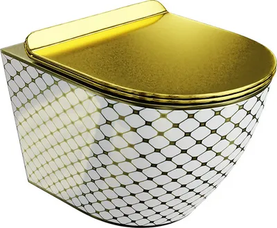Produktbild von LAVITA Wand-WC Sofi Slim Checked Gold | HŠnge Toilette | Toilettendeckel mit Absenkautomatik & Metallscharniere | Toiletten SpŸlrandlos HŠngend | Toilettenbecken | 365x490x395 cm | Gold/Wei§