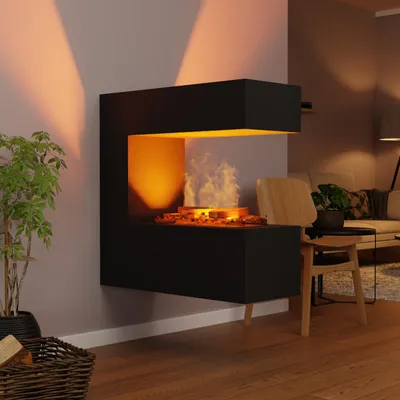 Produktbild von GLOW FIRE Elektrokamin 'Schiller Wandkamin' | Wasserdampf Kamin mit OMC 400 inkl. Deluxe Echtholz in schwarz als Raumteiler | HxBxT: 90x90x37 cm