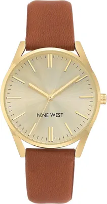 Image de Montre-bracelet Damen, mouvement à quartz, cadran champagne, bracelet en simili cuir marron, boîtier rond, style classique et élégant