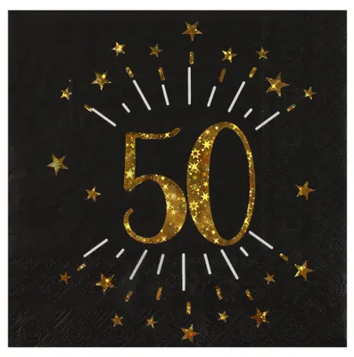 Produktbild von 10 Servietten 50. Geburtstag Schwarz + Gold Sterne 33x33cm - Einheitsgröße