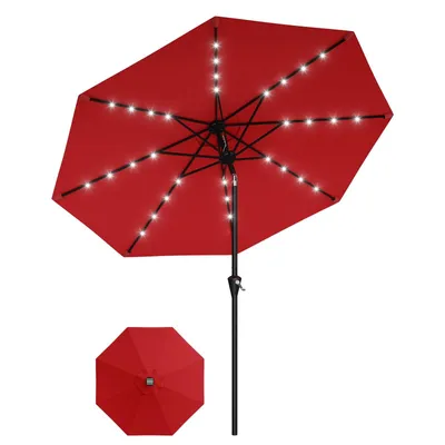 Produktbild von Sonnenschirm mit LED Ø300cm Marktschirm mit Kurbel Neigbar Solarbetriebener Schirm für Strand ohne Ständer UV 40+, Rot