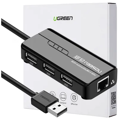Produktbild von Ugreen 20264, USB 2.0 Micro-A, USB 2.0 Type-A, RJ-45, 480 Mbit/s, Schwarz, Acrylnitril-Butadien-Styrol (ABS), 0,2 m
