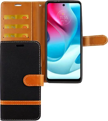 Produktbild von Motorola Moto G60S Tasche Handy Hülle Schutz-Cover Flip-Case mit Kartenfach, Farbe:Jeasn Schwarz
