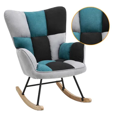 A patchwork rocking chair with a metal frame and wooden rockers, shown against a white background.