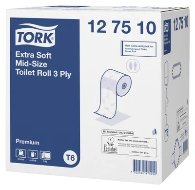 Produktbild von Tork® 127510 Toilettenpapier Midi für T6 System - extra weich, 3-lagig, 27 Rollen á 70 m