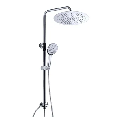 A chrome shower system with a rain shower head and a handheld shower head, shown against a white background.