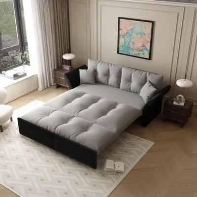 Immagine prodotto di okwish Letto pieghevole imbottito, divano relax con trapuntatura e 2 cuscini morbidi, letto pieghevole multifunzione 3 in 1 per 2 persone con braccioli, salvaspazio, grigio chiaro + nero