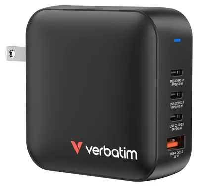 Produktbild von Verbatim Mini GaN Charger 165W 3xUSB-C 1xUSB-A US/EU/UK A.32216