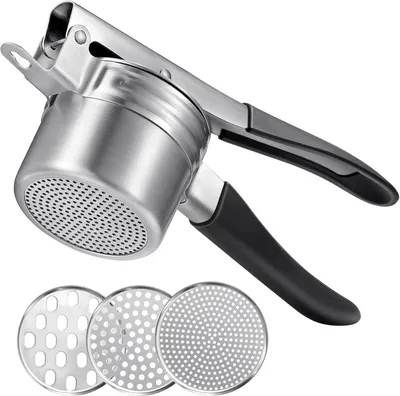 Immagine prodotto di Schiacciapatate in acciaio inossidabile, con 3 dischi intercambiabili, manico in silicone, ideale per preparare la purè di patate
