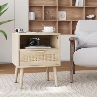 Produktbild von Nachttisch 45x40x55 cm mit Rattan und offenem Regal, Eiche