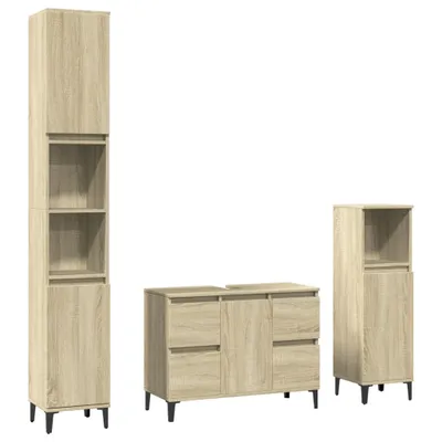 Three pieces of bathroom furniture are displayed against a white background.